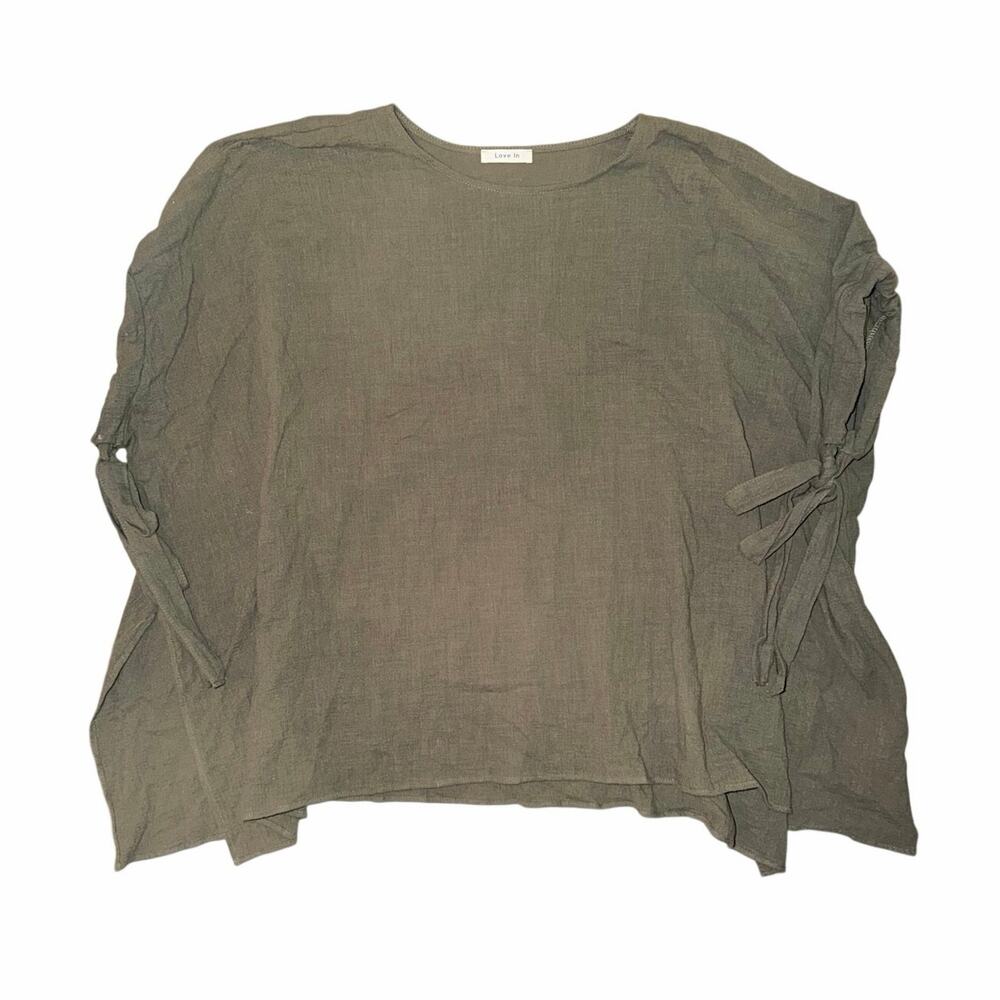 Love in 100% cotton olive green oversized boxy top sleeve ties large USA made